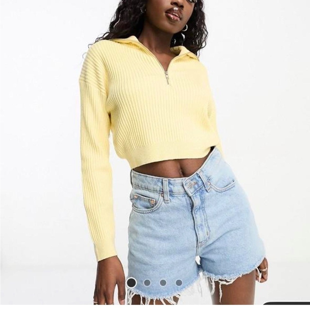 Cotton On Butter Yellow Crop Ribbed Zip Up Collar boho coastal grandma sweater